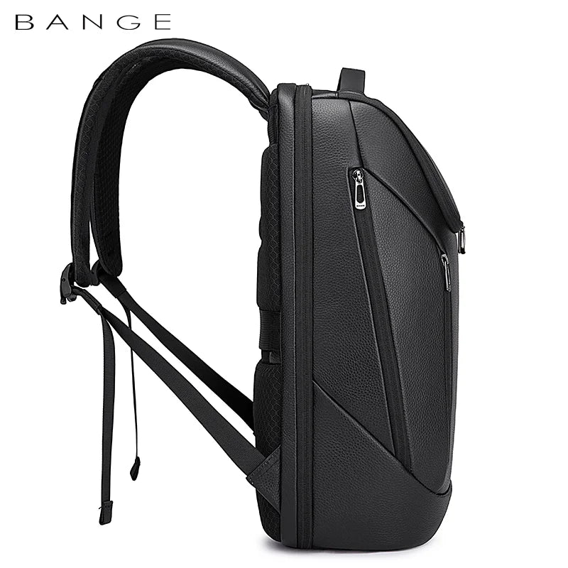 Side view of the BANGE 6623 leather anti-theft laptop backpack showing its slim profile, textured leather exterior, secure zippered compartments, and padded shoulder straps on a white background