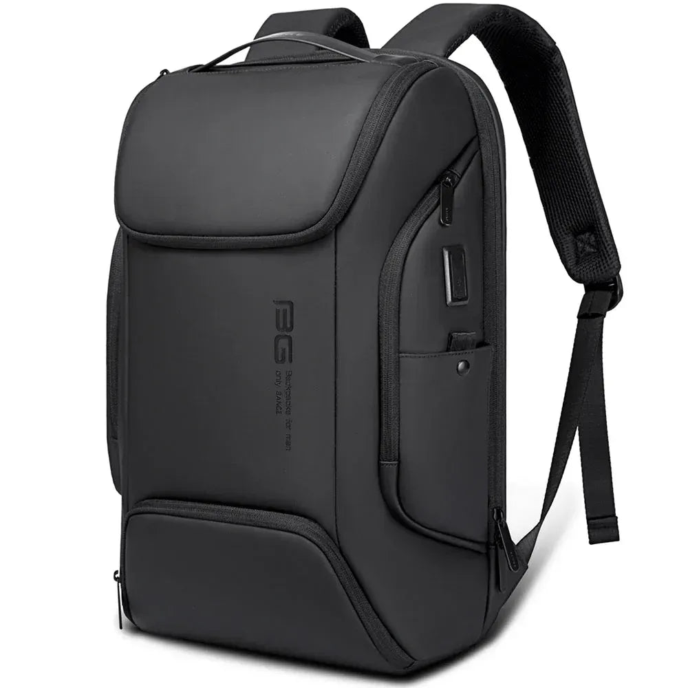 Front view of a black BANGE 7267 Strava waterproof backpack showing the front pocket and shoulder strap on a white background