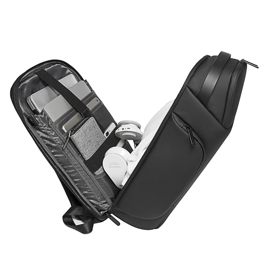BANGE 7277 Astraq black backpack open showing organized interior compartments on a white background