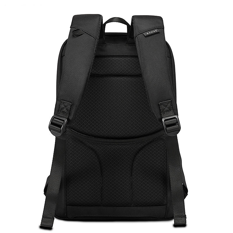 BANGE 7663 black backpack back view with padded shoulder straps on a white background