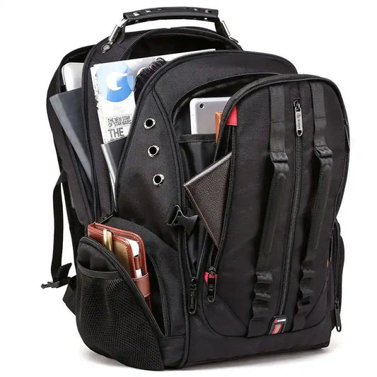 Open view of the BANGE BG-1901 anti-theft laptop backpack showing multiple compartments with books, wallet, and electronic devices on a white background