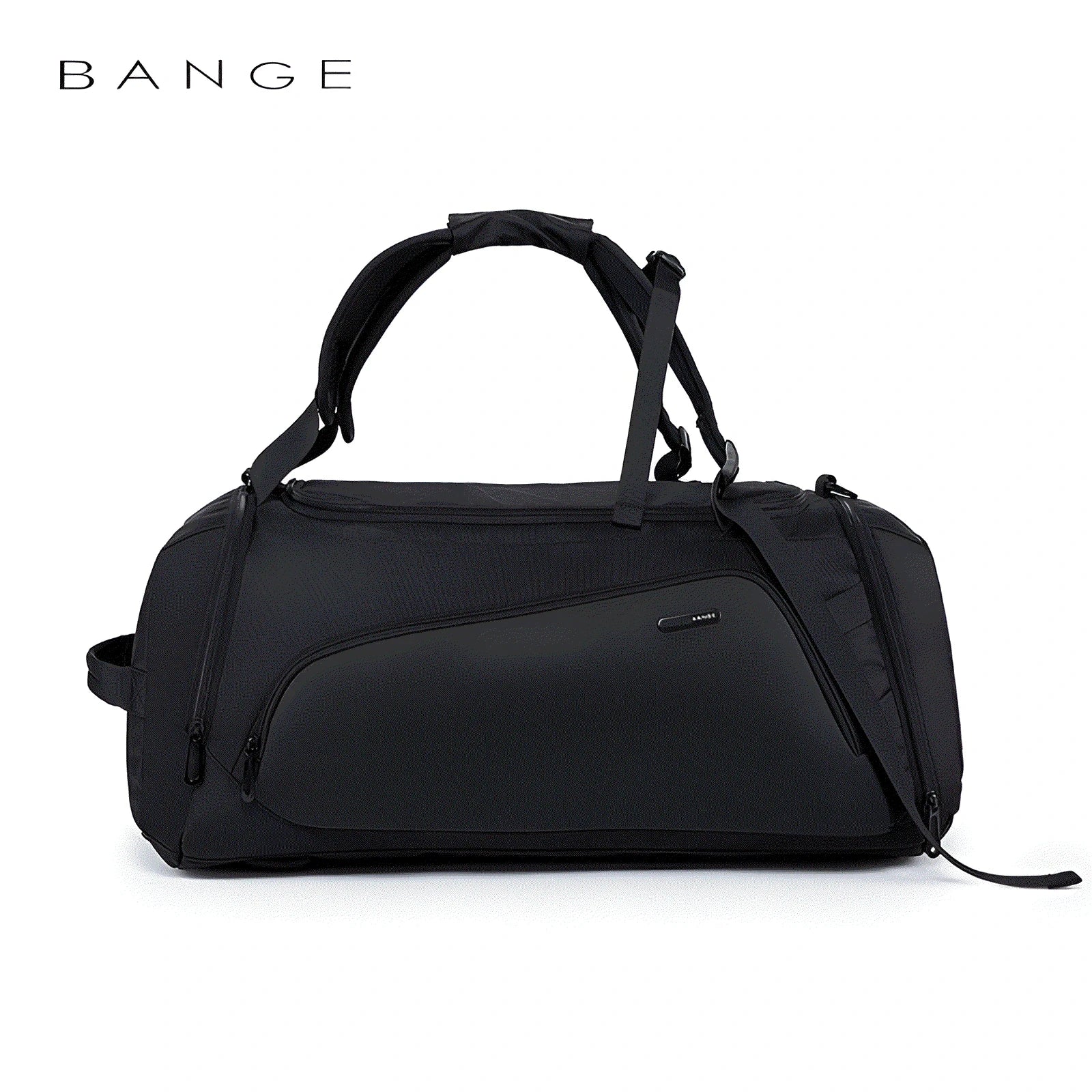 Front view of the BANGE BG-1917 black duffel bag with adjustable shoulder strap, top carry handles, and minimalist design on a white background