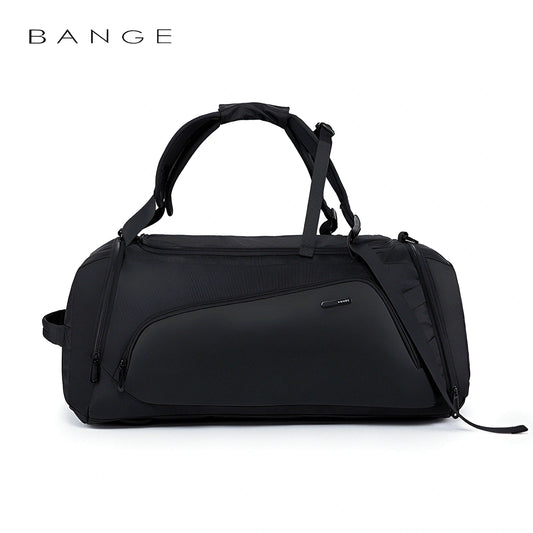 Front view of the BANGE BG-1917 black duffel bag with adjustable shoulder strap, top carry handles, and minimalist design on a white background
