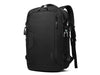 Front view of black BANGE BG-22039 Tenra backpack with minimalist waterproof design, vertical zip pocket, and padded shoulder straps