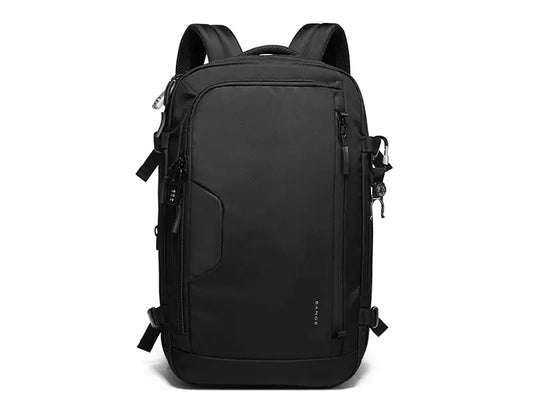 Front view of black BANGE BG-22039 Tenra backpack with zipper pockets, minimalist design, and durable everyday carry structure