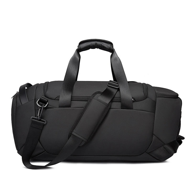 Back view of the BANGE BG-2378 black duffel bag with padded structure, top handles, and detachable shoulder strap on a white background