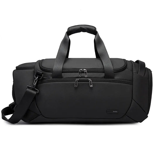 Front view of the BANGE BG-2378 black duffel bag with multiple zippered compartments, top carry handles, and detachable shoulder strap on a white background