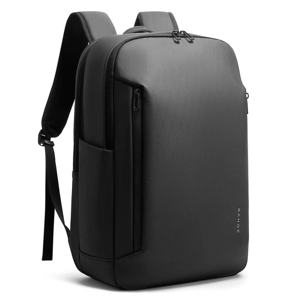 Angled view of black BANGE BG-3057 Rynex backpack showing slim profile, smooth waterproof exterior, and padded shoulder straps