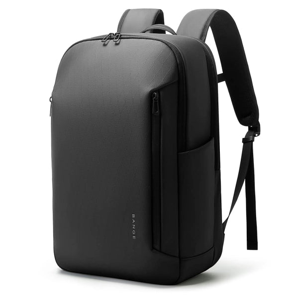 Front view of black BANGE BG-3057 Rynex backpack with minimalist waterproof design, smooth front panel, and padded shoulder straps
