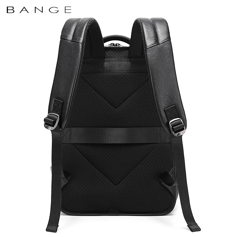 Back view of the BANGE BG-6626 leather business backpack showing padded shoulder straps, breathable mesh back panel, adjustable straps, and ergonomic support on a white background