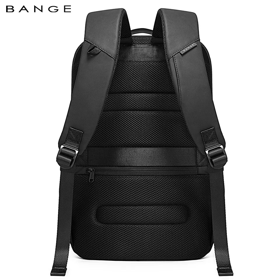 Back view of the BANGE BG-7216 Plus anti-theft backpack showing padded shoulder straps, breathable mesh back panel, adjustable buckles, and ergonomic support design on a white background