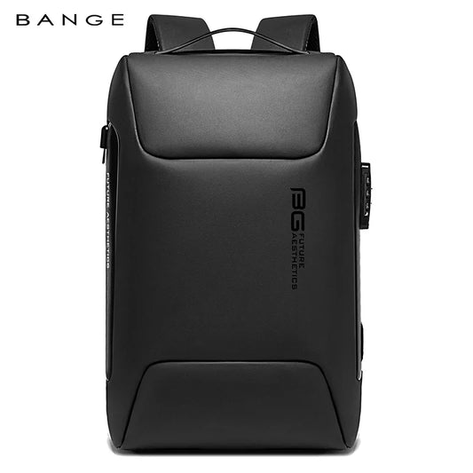 Front view of the BANGE BG-7216 Plus anti-theft backpack with minimalist black design, visible BANGE branding, secure lock system, and waterproof material on a white background