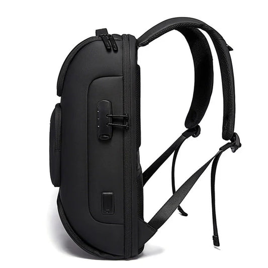 Side view of the BANGE BG-7216 Plus anti-theft backpack, highlighting the slim profile, integrated lock system, and ergonomic shoulder straps on a white background