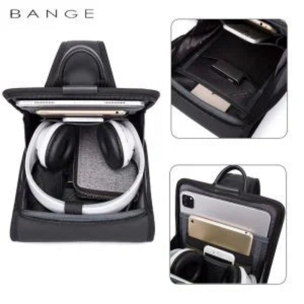 Interior view of black BANGE BG-7252 backpack showing organized compartments for laptop, tablet, phone, headphones, and accessories on a white background