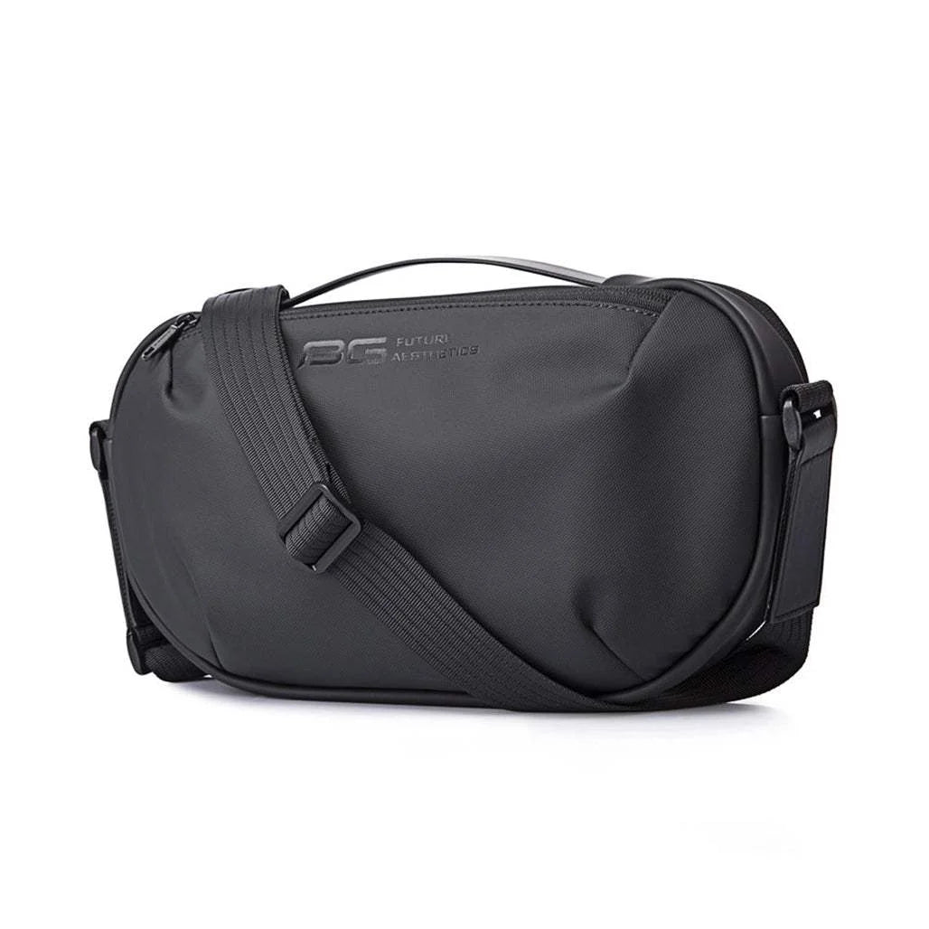 Front angled view of the BANGE BG-7308 anti-theft crossbody shoulder bag showing its compact rectangular design, adjustable shoulder strap, smooth fabric finish, and subtle BANGE branding on a white background