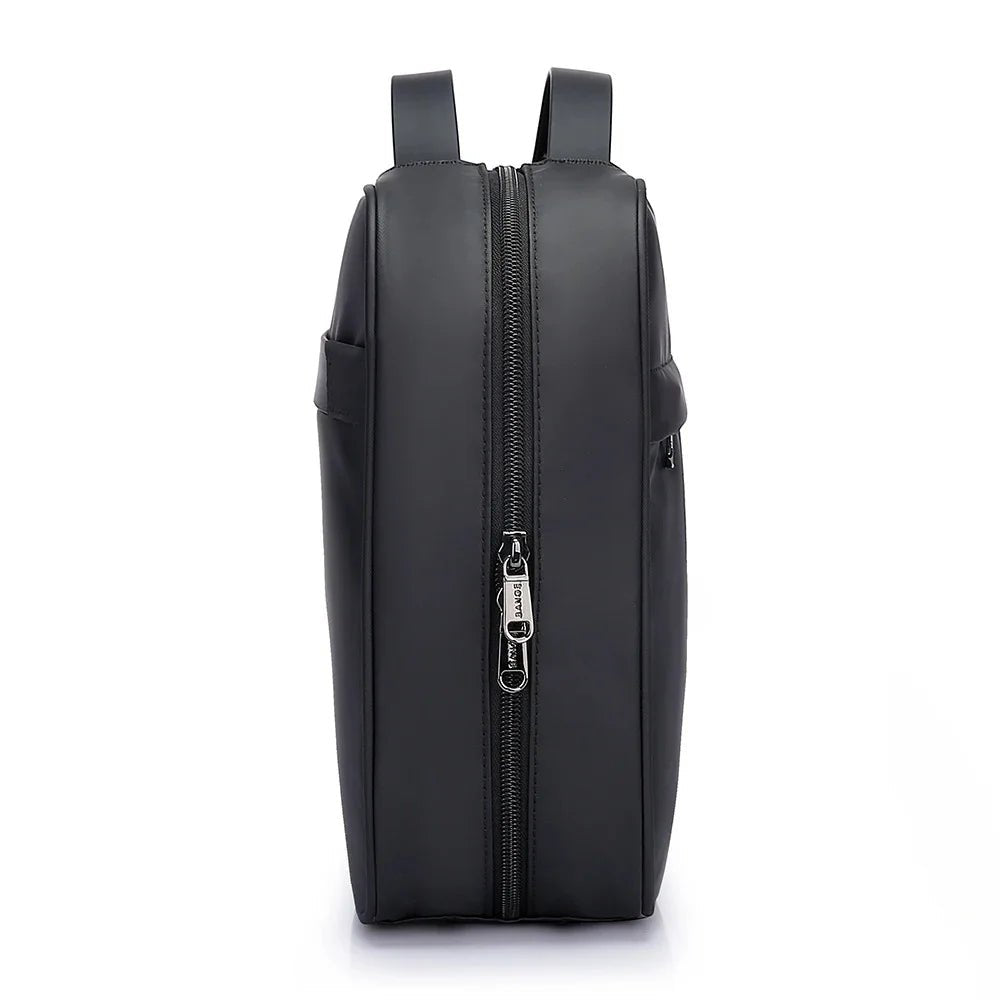 Side view of black BANGE BG-7529 travel garment bag showing slim profile, full-length zipper, and structured design on a white background