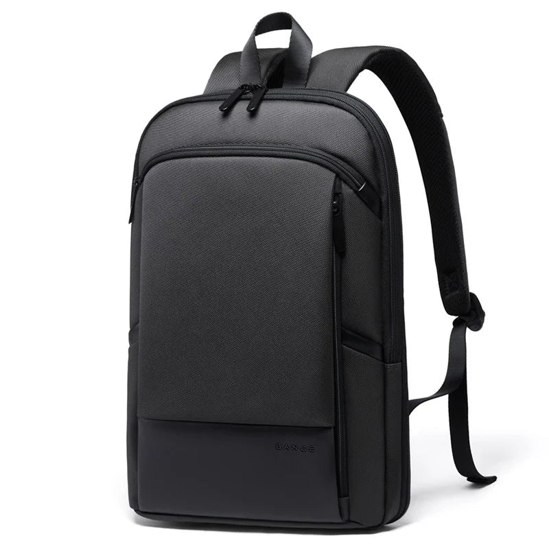 Front view of black BANGE BG-77115 Ontra backpack with slim minimalist design, smooth front panel, and padded shoulder straps