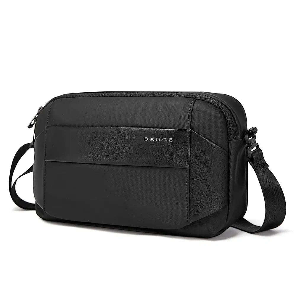 Side view of black BANGE BG-7717 Syren crossbody bag showing slim profile, structured body, and adjustable shoulder strap