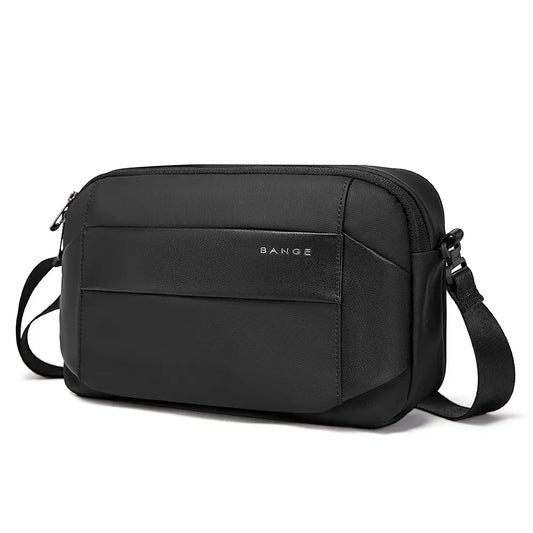 Side view of black BANGE BG-7717 Syren crossbody bag showing slim profile, structured body, and adjustable shoulder strap