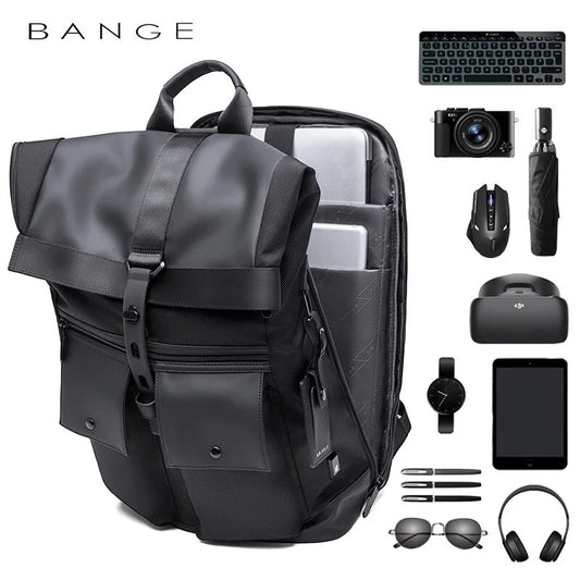 BANGE BG-G65 roll-top backpack shown open with internal compartments and neatly arranged tech accessories, illustrating storage capacity on a white background