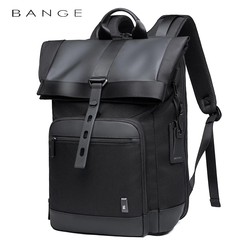 Angled front view of the BANGE BG-G66 roll-top backpack with buckle strap and front zip pocket on a white background