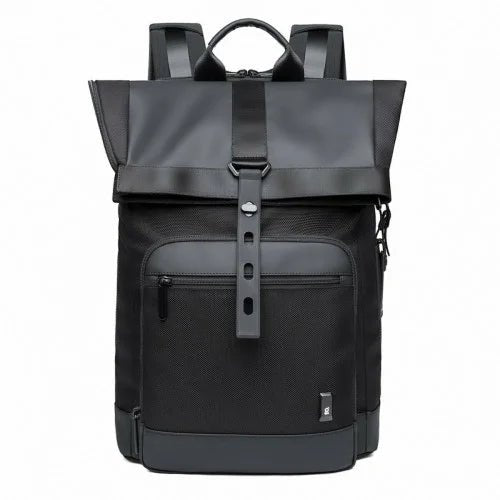 Front view of the BANGE BG-G66 roll-top backpack with buckle strap and front zip pocket on a white background