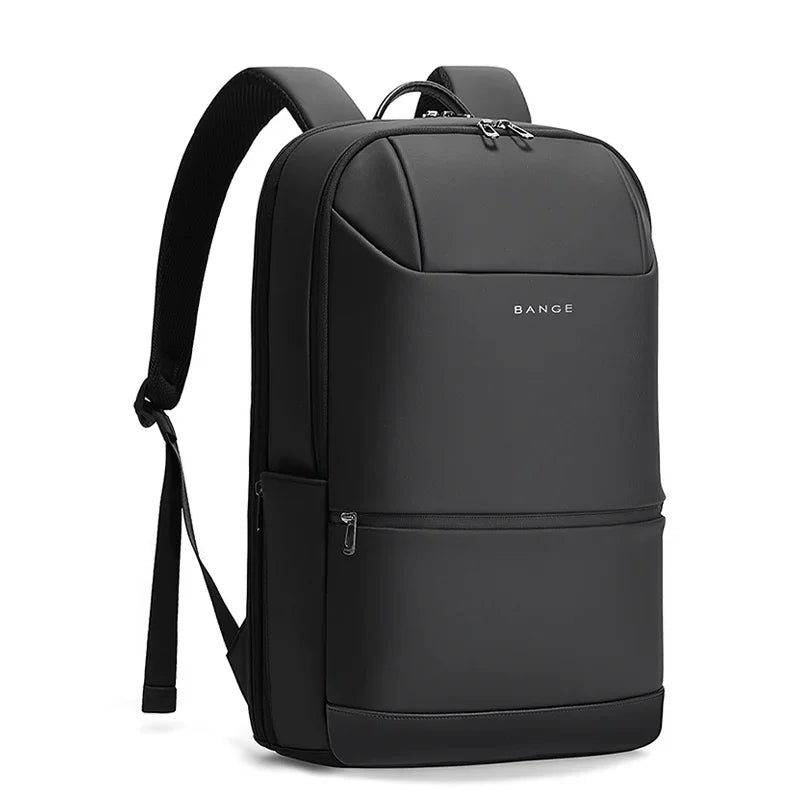 BANGE black backpack front view with a minimalist design and visible logo on a white background