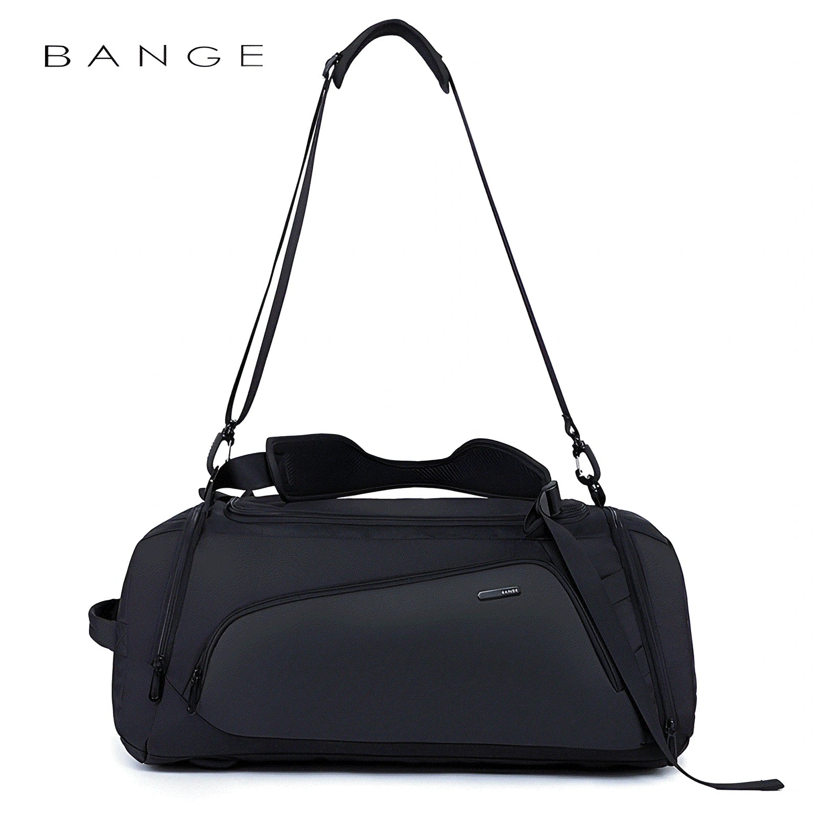 Front view of a black BANGE duffel bag with adjustable shoulder strap, compact sporty design, and clean branding on a white background