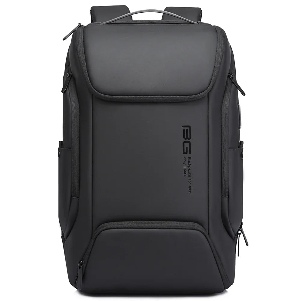 Front view of a black BANGE laptop backpack with a visible logo on a white background