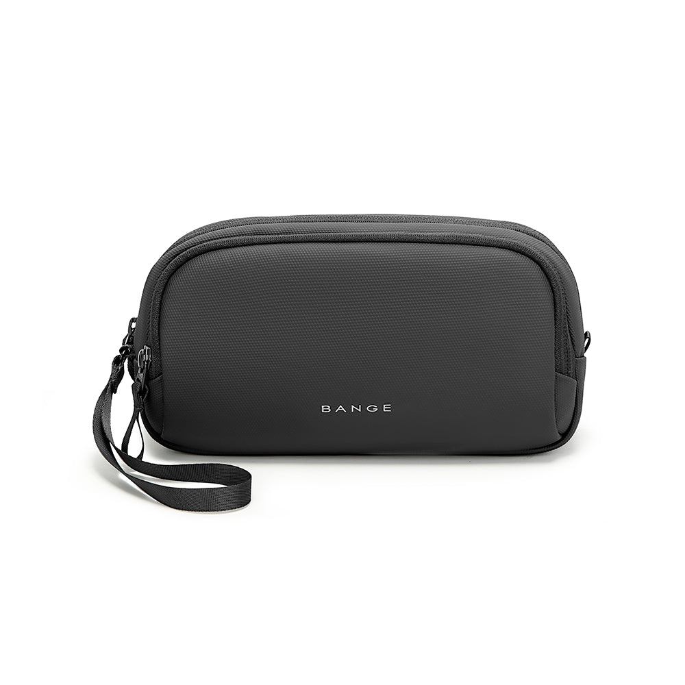 Front view of a black BANGE pouch with a wrist strap on a white background