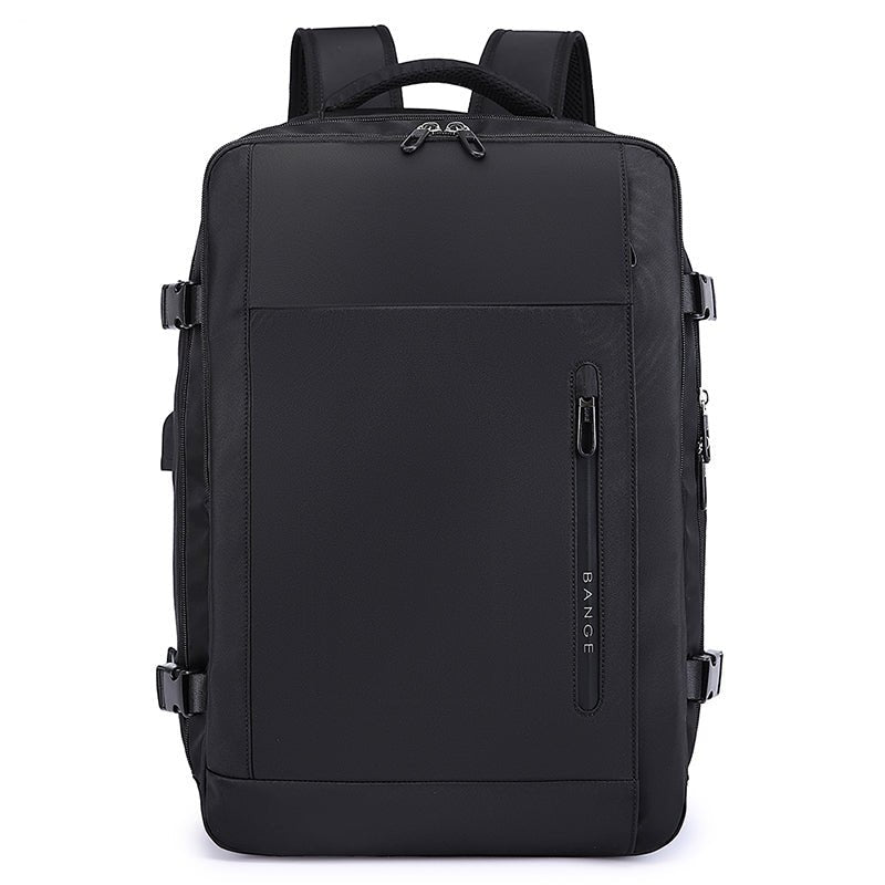 BANGE black travel backpack front view showing a vertical zippered pocket, side compression straps, and a structured rectangular design on a white background