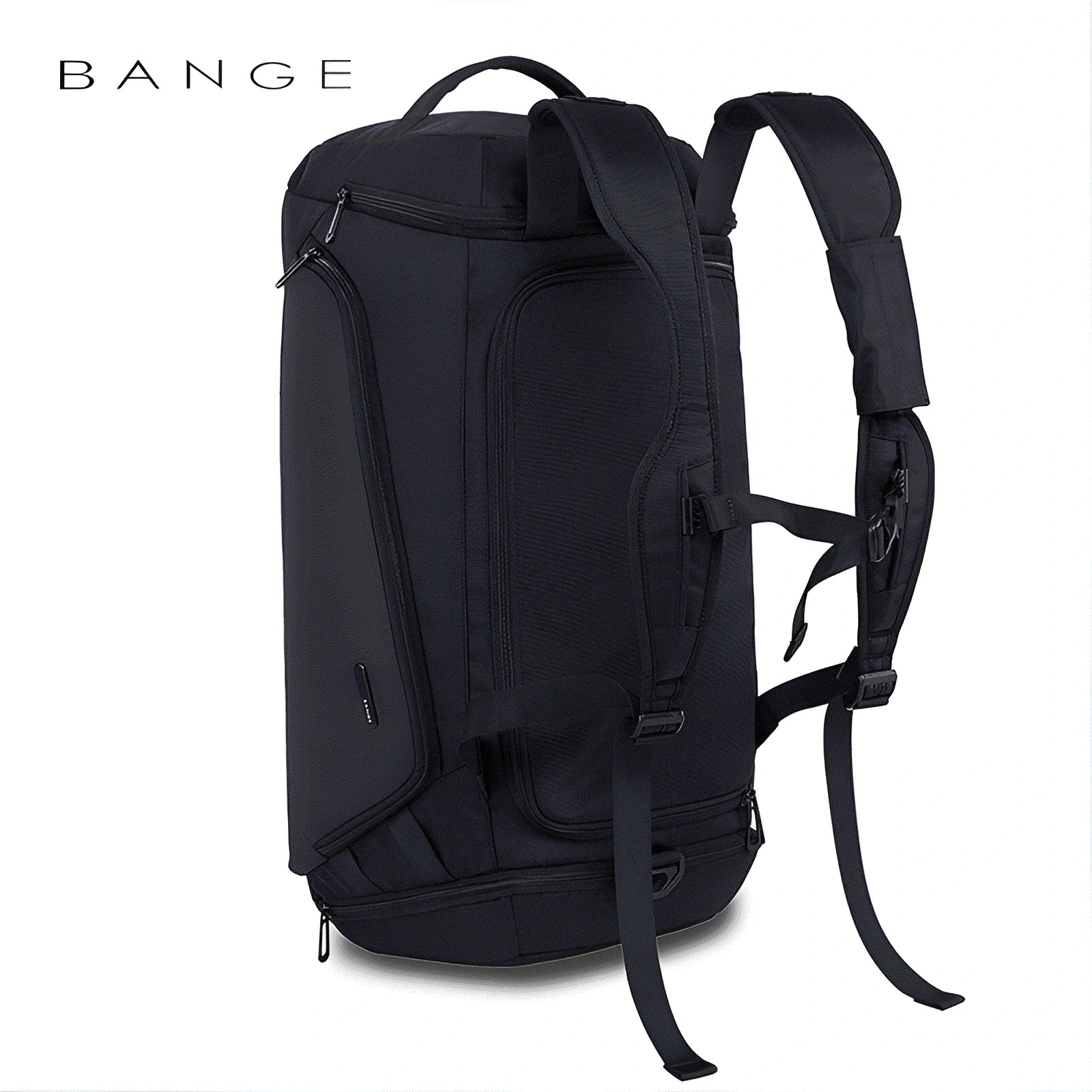 Side view of a black BANGE travel backpack with multiple compression straps, padded shoulder straps, and durable fabric design on a white background