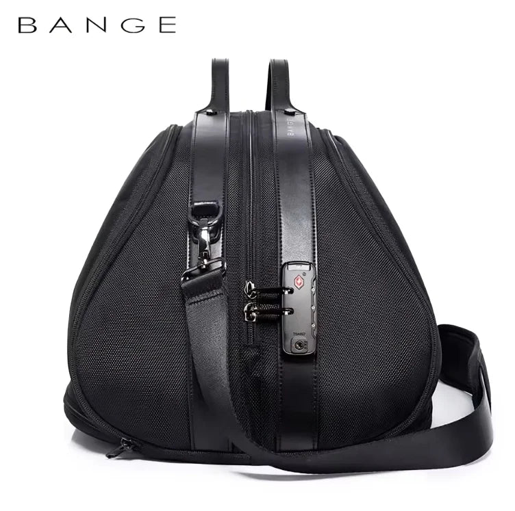 BANGE black travel duffel bag rear view with TSA combination lock and shoulder strap on a white background