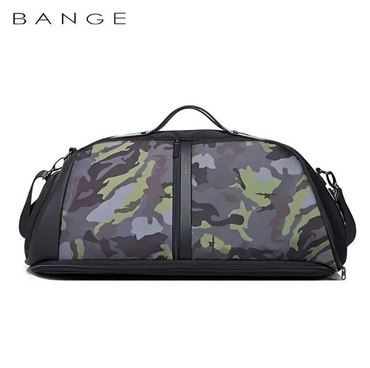 BANGE camouflage travel duffel bag with top carry handle and detachable shoulder strap on a white background