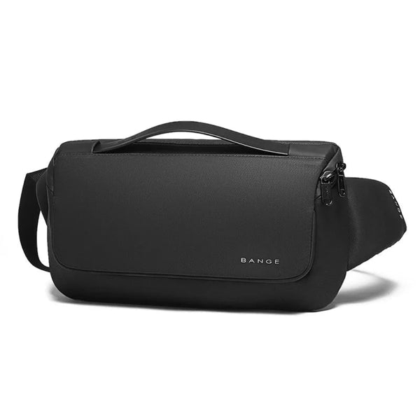 Front view of black BANGE BG-77202 crossbody sling bag with minimalist compact design and zippered compartments