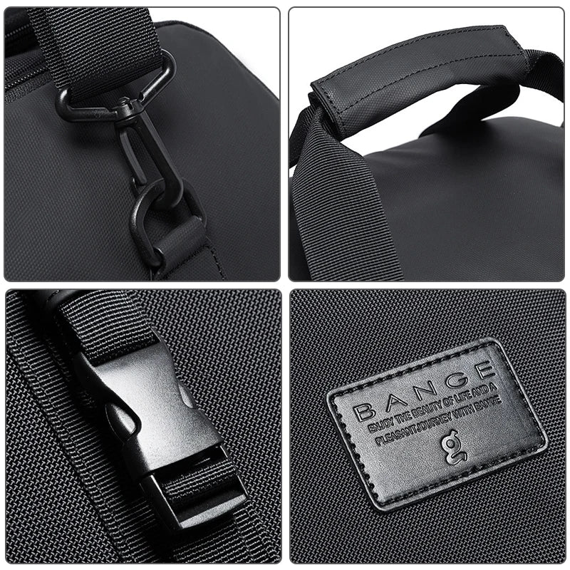 Close-up collage showing the BANGE duffel bag’s metal strap hook, padded carry handle, adjustable buckle, and stitched BANGE logo patch on a black fabric background