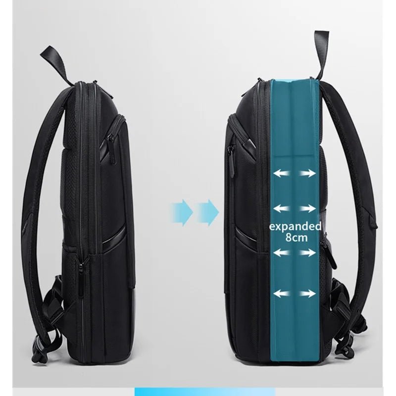Ontra-BANGE BG-77115 black backpack side, compact design with secure compartments along with expandable feature, durable and stylish for professional and modern urban use