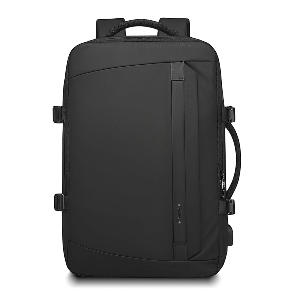 Front view of a black BANGE Movera 2892 waterproof backpack on a white background