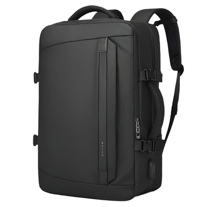Front view of the BANGE Movera 2892 waterproof black backpack on a white background