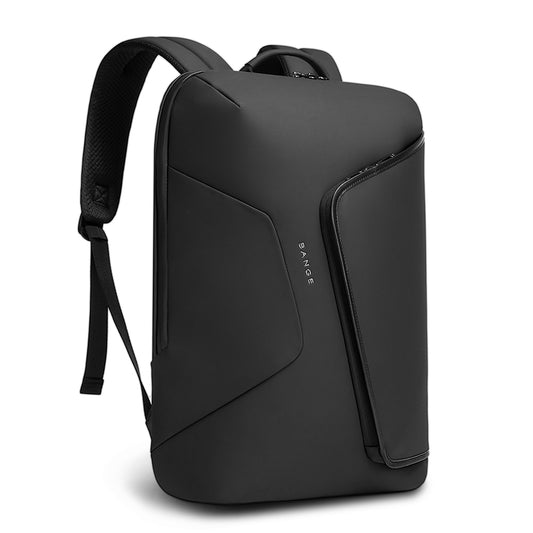 BANGE Orbix 2913 black anti-scratch waterproof backpack angled view highlighting the slim profile, curved front panel, and padded shoulder straps on a white background