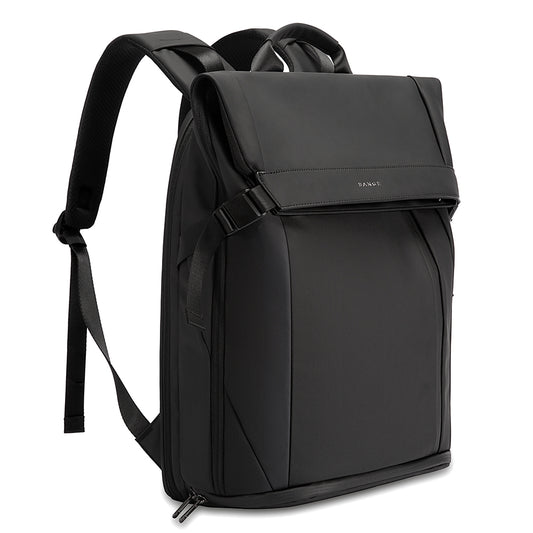 BANGE Vaulta 7700 black travel backpack side view showing padded straps and zippered compartments on a white background