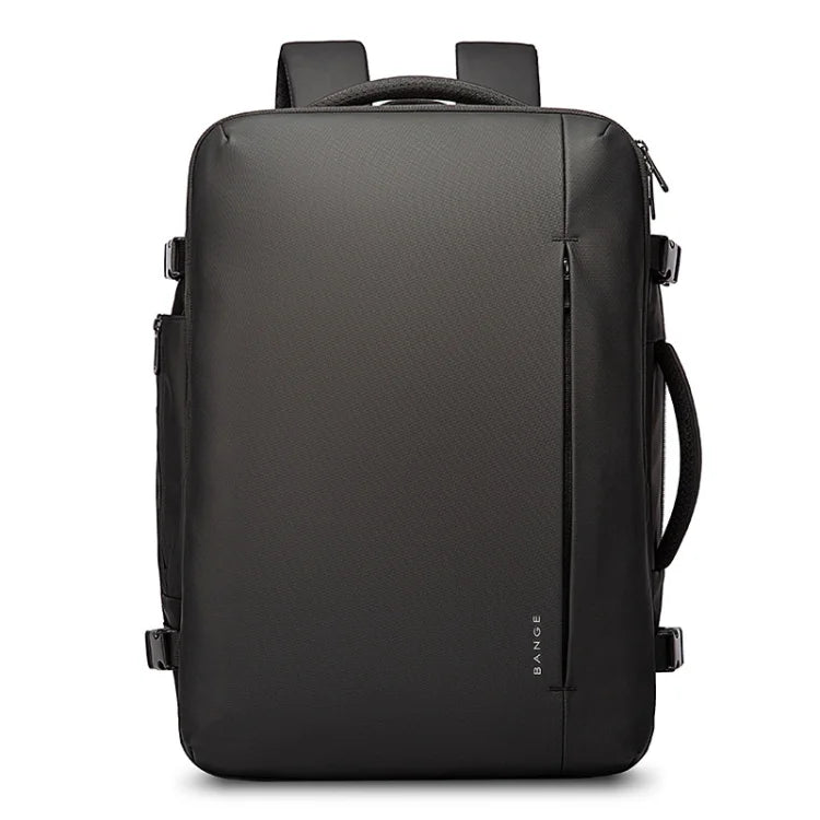 Front view of BANGE 1909-8 model expandable travel backpack with minimalist black design and streamlined hard-shell exterior