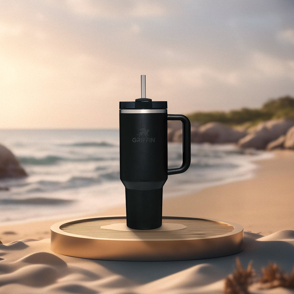Black Griffin tumbler on a beach at sunset