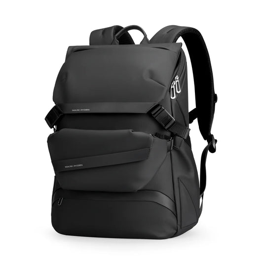 Mark Ryden 2859 black roll-top backpack angled view showing the layered front pockets, adjustable buckle straps, padded shoulder straps, and water-resistant material on a white background
