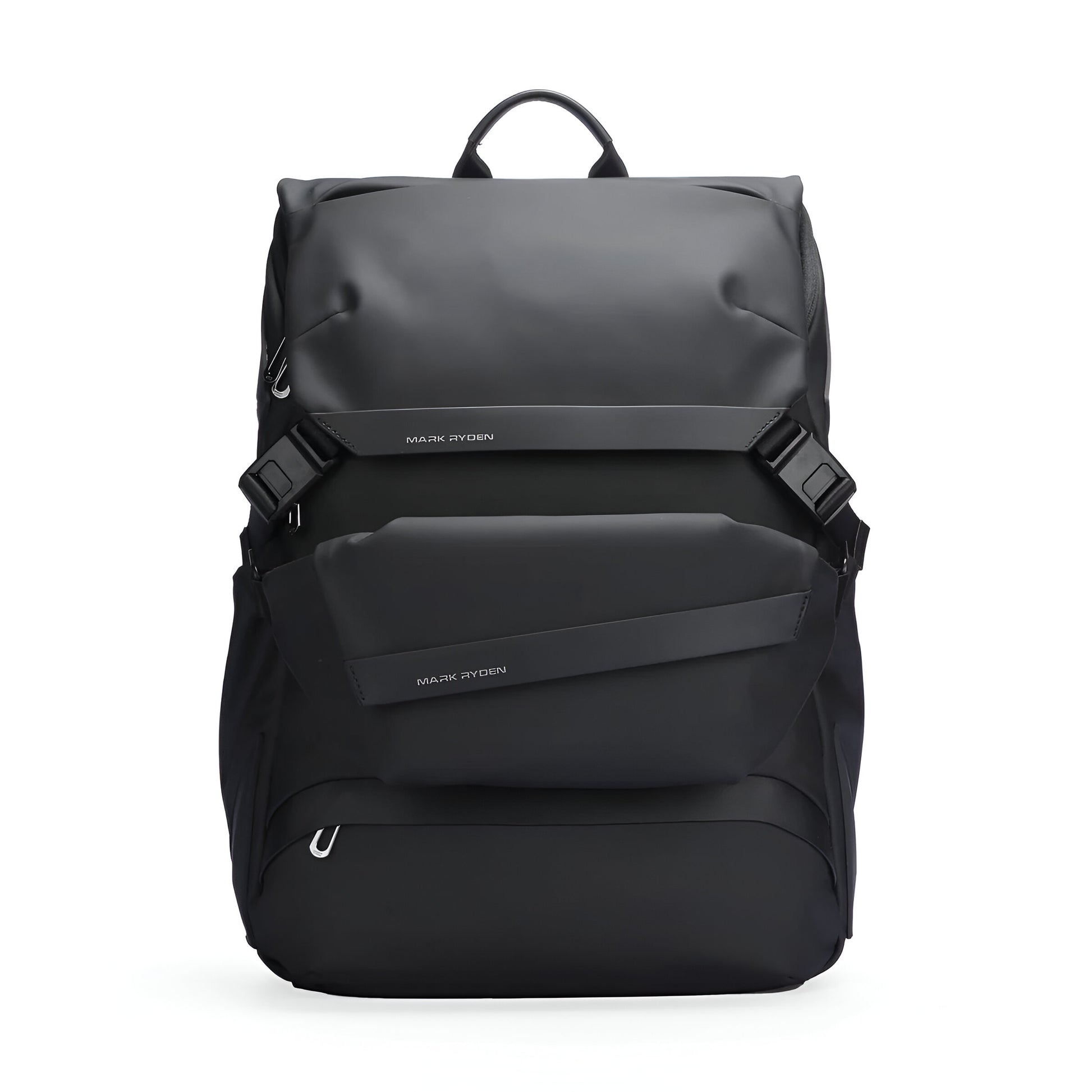 Mark Ryden 2859 black roll-top backpack front view showing the structured flap closure, adjustable buckle straps, and smooth water-resistant surface on a white background