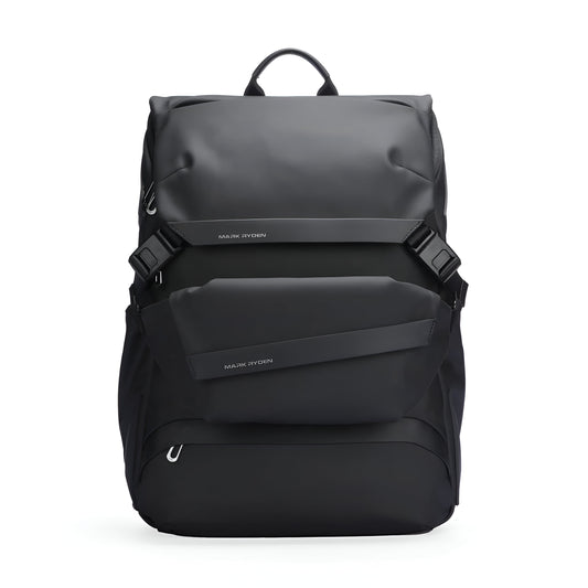 Mark Ryden 2859 black roll-top backpack front view showing the structured flap closure, adjustable buckle straps, and smooth water-resistant surface on a white background