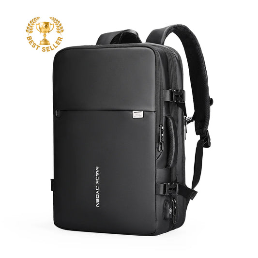 Mark Ryden 8057 black travel backpack angled view showing side compression straps, padded shoulder straps, and Best Seller badge on a white background