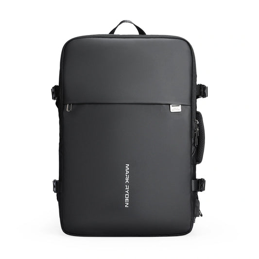 Mark Ryden 8057 black travel backpack front view showing a slim rectangular design with side compression straps and brand logo on a white background